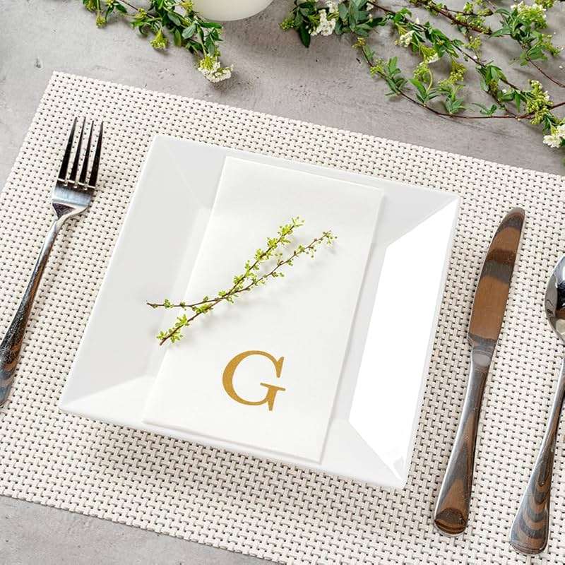 Luxenap 15.8 X 7.9 Inch Linen-Feel Guest Towels, 50 Lettered Hand Towels - Gold Letter 'G', Sans Serif Font, White Paper Dinner Napkins, airlaid, For Restrooms And Tables - Restaurantware - Image 3