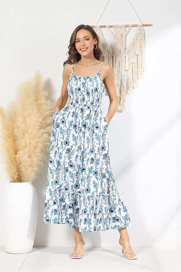 GRACE KARIN Summer Dresses for Women 2026 Vacation,Smocked Floral Maxi Dress,Boho Beach Sundress with Pocket Fashion Clothing - Image 8