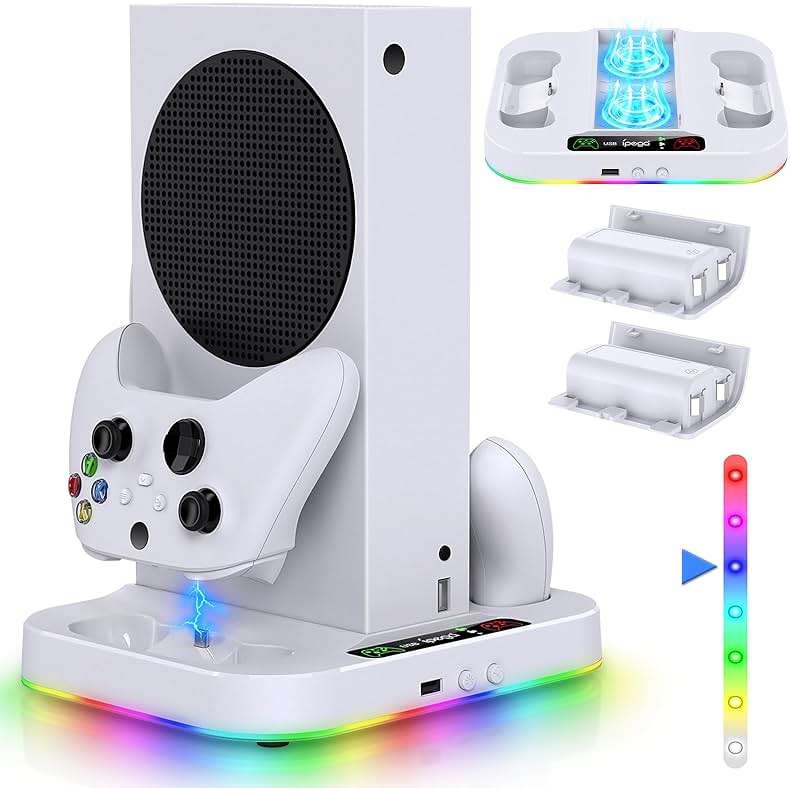 Cooling Fan Stand & RGB Light Strip for Xbox Series S,Dual Charger Station with 2X1400mAH Rechargeable Battery Pack,Charging Dock Accessories for XSS with 15 RGB Light Modes,USB2.0 Port for Sync,White - Image 1