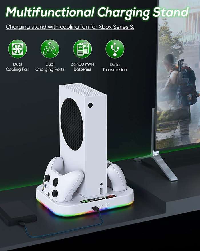 Cooling Fan Stand & RGB Light Strip for Xbox Series S,Dual Charger Station with 2X1400mAH Rechargeable Battery Pack,Charging Dock Accessories for XSS with 15 RGB Light Modes,USB2.0 Port for Sync,White - Image 3