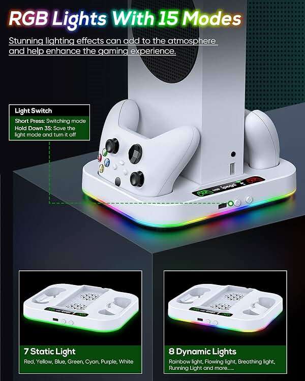 Cooling Fan Stand & RGB Light Strip for Xbox Series S,Dual Charger Station with 2X1400mAH Rechargeable Battery Pack,Charging Dock Accessories for XSS with 15 RGB Light Modes,USB2.0 Port for Sync,White - Image 4