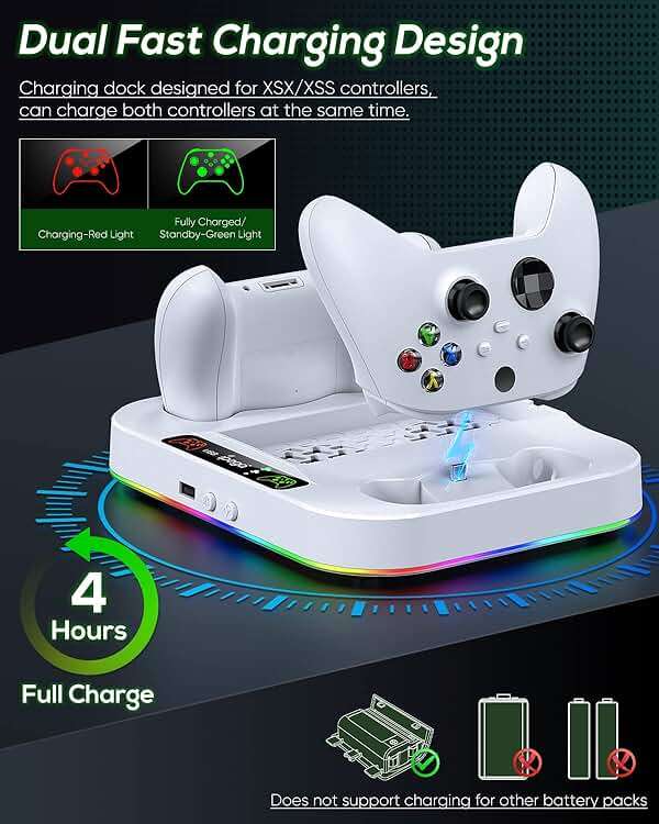 Cooling Fan Stand & RGB Light Strip for Xbox Series S,Dual Charger Station with 2X1400mAH Rechargeable Battery Pack,Charging Dock Accessories for XSS with 15 RGB Light Modes,USB2.0 Port for Sync,White - Image 5