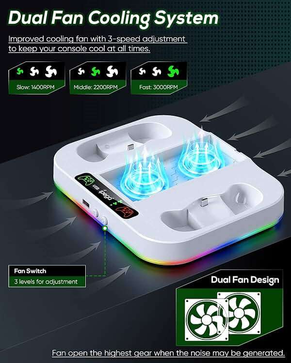 Cooling Fan Stand & RGB Light Strip for Xbox Series S,Dual Charger Station with 2X1400mAH Rechargeable Battery Pack,Charging Dock Accessories for XSS with 15 RGB Light Modes,USB2.0 Port for Sync,White - Image 6