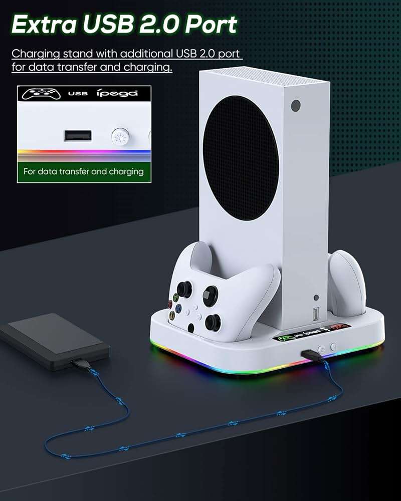 Cooling Fan Stand & RGB Light Strip for Xbox Series S,Dual Charger Station with 2X1400mAH Rechargeable Battery Pack,Charging Dock Accessories for XSS with 15 RGB Light Modes,USB2.0 Port for Sync,White - Image 7