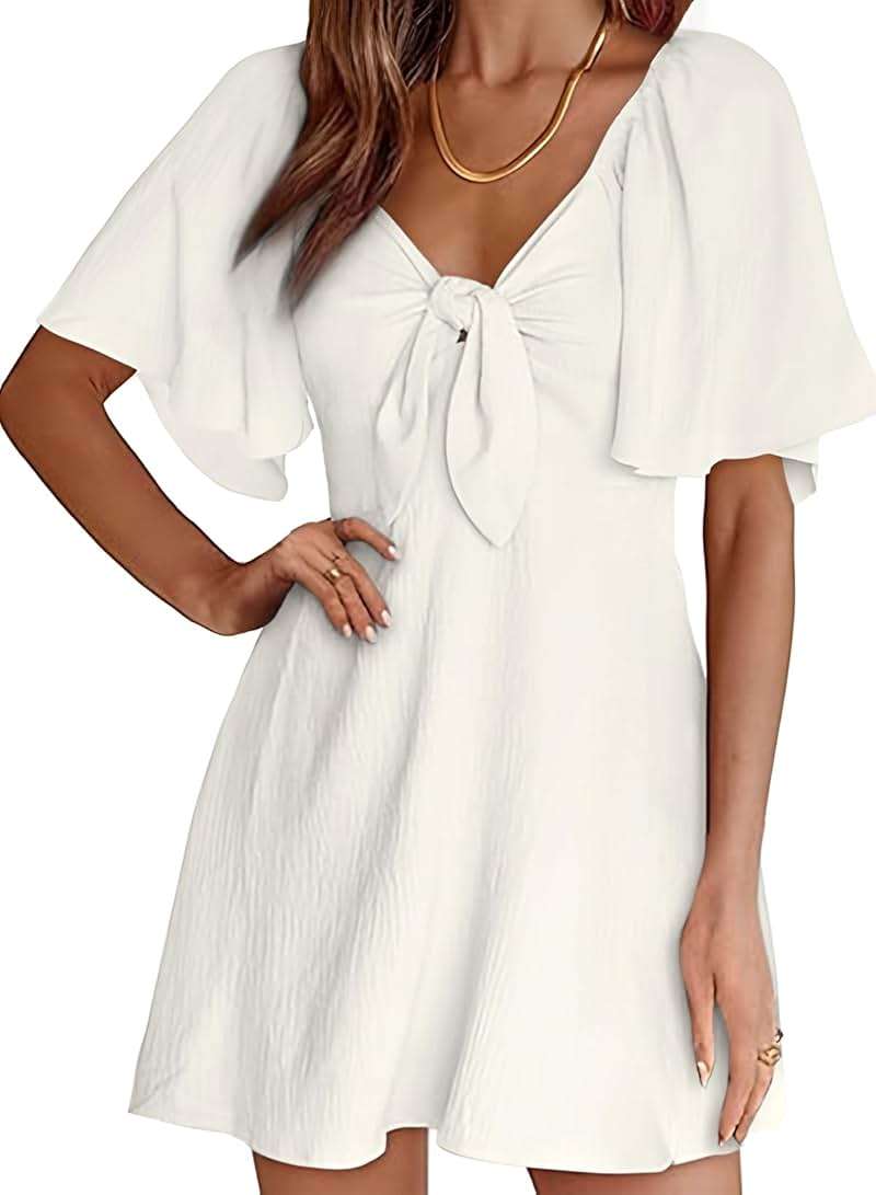 Dokotoo Womens Dresses 2026 Spring Summer Deep V Neck Elegant Cocktail Bow tie Mini Dress S-XL - Image 1