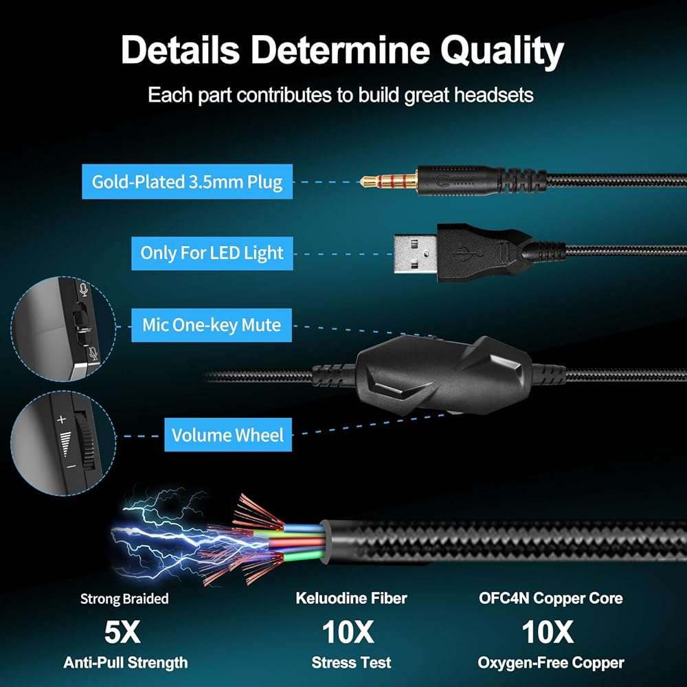 Gaming Headset with Microphone for Pc, Xbox One Series X/s, Ps4, Ps5, Switch, Stereo Wired Noise Cancelling Over-Ear Headphones with Mic, RGB, for Computer, Laptop, Mac, Nintendo (Blue) - Image 6