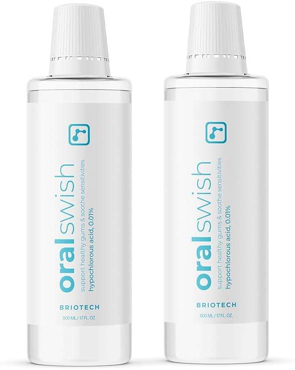 BRIOTECH Oral Swish, Hypochlorous Acid Mouthwash Rinse, Gentle Oral Care Hygiene, Fight Bad Breath, Support Against Plaque, Gum Irritation & Tender Gums, Alcohol & Fluoride Free, 17 fl oz (2 Pack) - Image 1