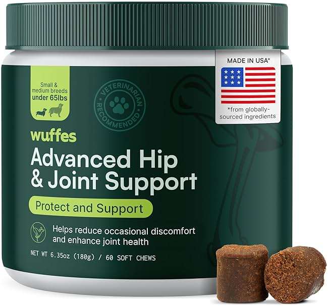 Wuffes Advanced Dog Hip and Joint Supplement with Glucosamine, Chondroitin, Omega 3, MSM, and Green Lipped Mussel, 60 Pork Flavored Chews for Small and Medium Dog Breeds - Image 1