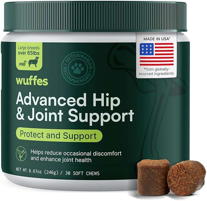 Wuffes Advanced Dog Hip and Joint Supplement with Glucosamine, Chondroitin, Omega 3, MSM, and Green Lipped Mussel, 30 Pork Flavored Chews for Large Dog Breeds - Image 1