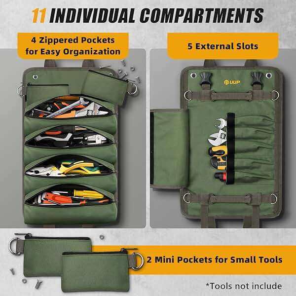 Tool Bag Roll Up, UUP Heavy Duty Portable Soft Tool Storage, Foldable Empty Rollup Organizer with Small Pockets, Official Rollable Toolbag, Father Day Gifts for Him Dad Men Mechanic Welding, Green - Image 3