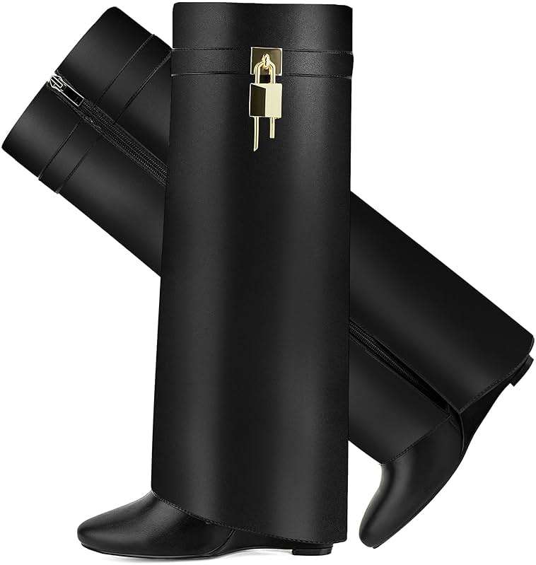 CDHYX Fold Over Boots for Women Pointy Pull-on Wedge Heel Knee Shark Boot With Side Zipper Padlock Design - Image 1
