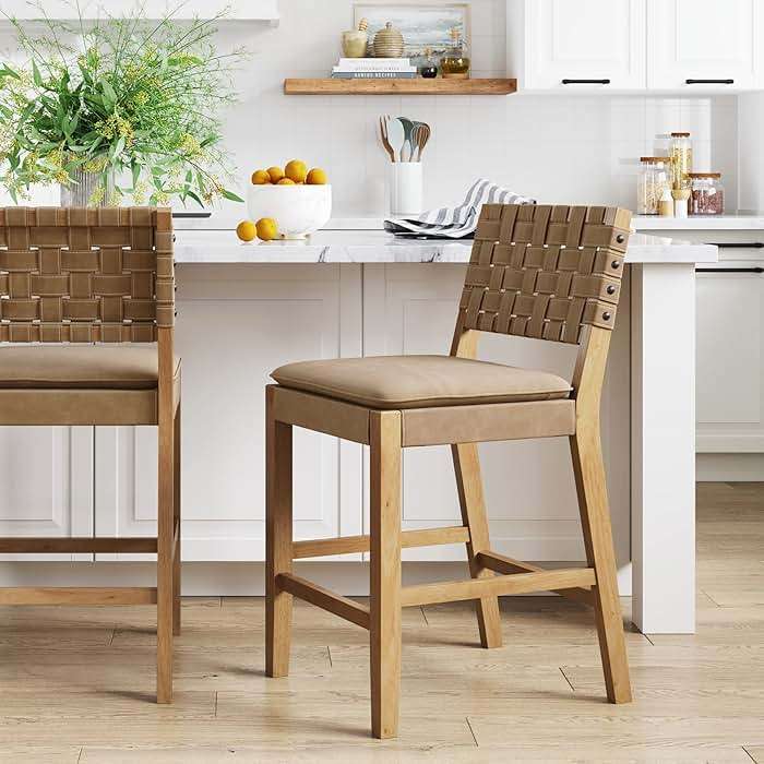 Nathan James Cohen Mid-Century Modern Leather Bar Stool, Counter Height Chair in Solid Wood Frame with Footrest and Woven Leather Back for Kitchen, Natural Brown, 1 count, Barstool - 24" - Image 1