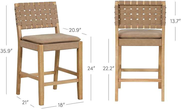 Nathan James Cohen Mid-Century Modern Leather Bar Stool, Counter Height Chair in Solid Wood Frame with Footrest and Woven Leather Back for Kitchen, Natural Brown, 1 count, Barstool - 24" - Image 2
