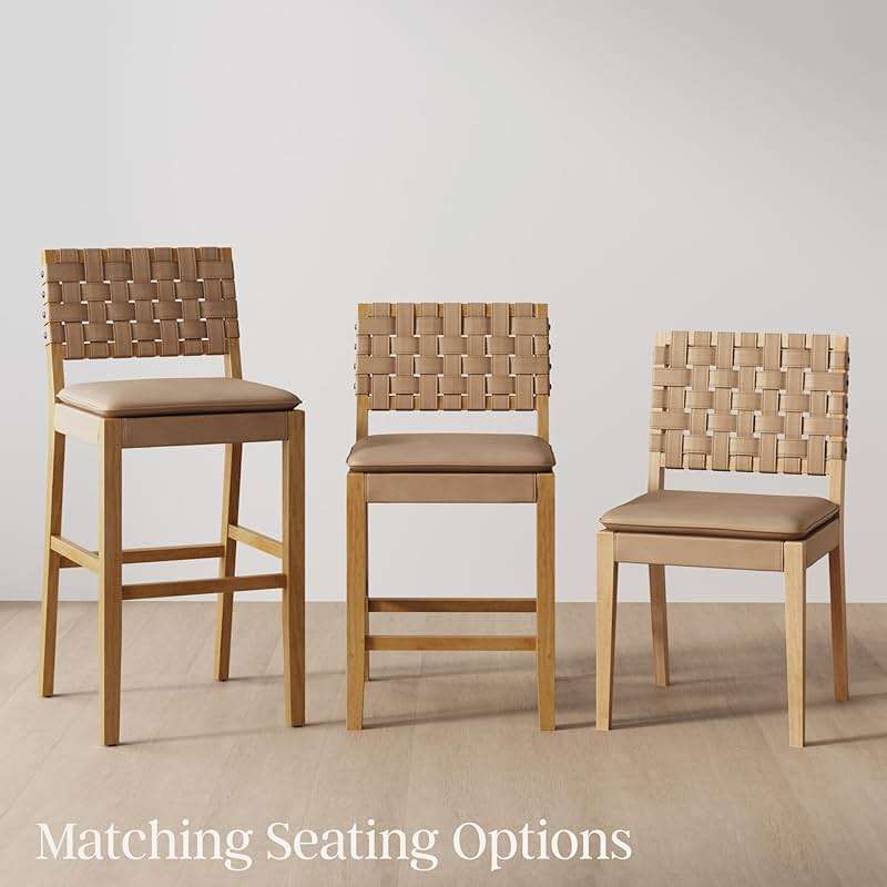Nathan James Cohen Mid-Century Modern Leather Bar Stool, Counter Height Chair in Solid Wood Frame with Footrest and Woven Leather Back for Kitchen, Natural Brown, 1 count, Barstool - 24" - Image 11