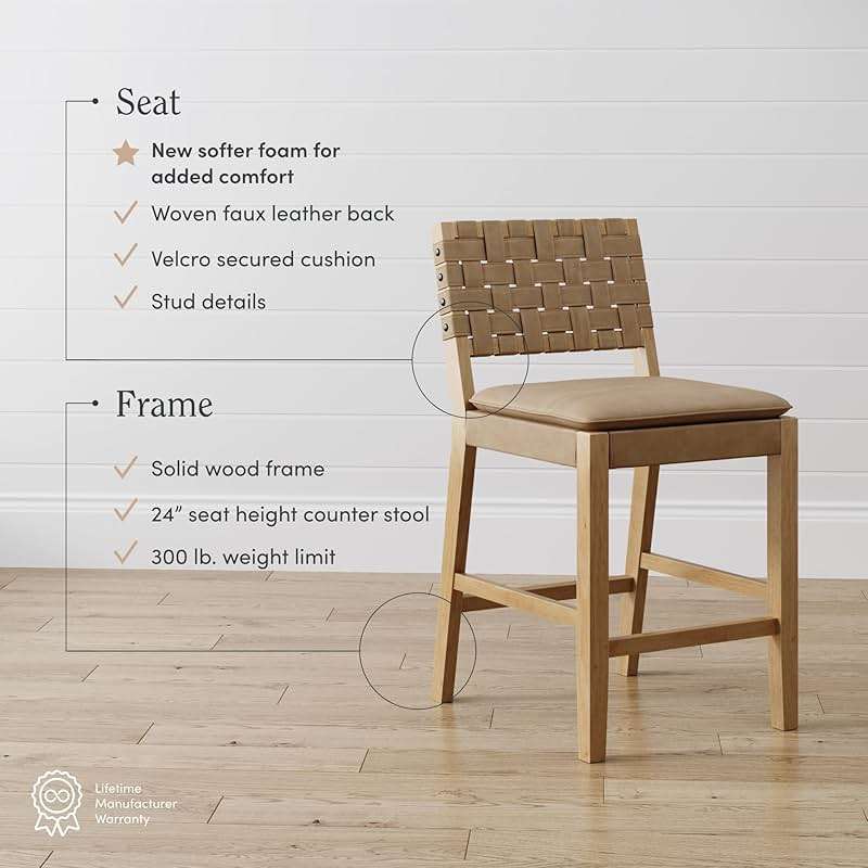 Nathan James Cohen Mid-Century Modern Leather Bar Stool, Counter Height Chair in Solid Wood Frame with Footrest and Woven Leather Back for Kitchen, Natural Brown, 1 count, Barstool - 24" - Image 4