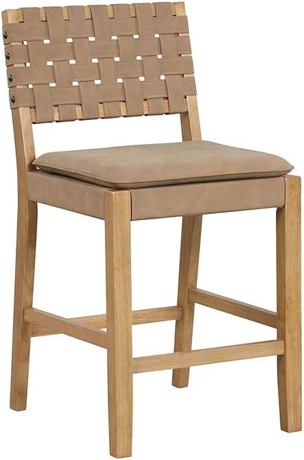 Nathan James Cohen Mid-Century Modern Leather Bar Stool, Counter Height Chair in Solid Wood Frame with Footrest and Woven Leather Back for Kitchen, Natural Brown, 1 count, Barstool - 24" - Image 7