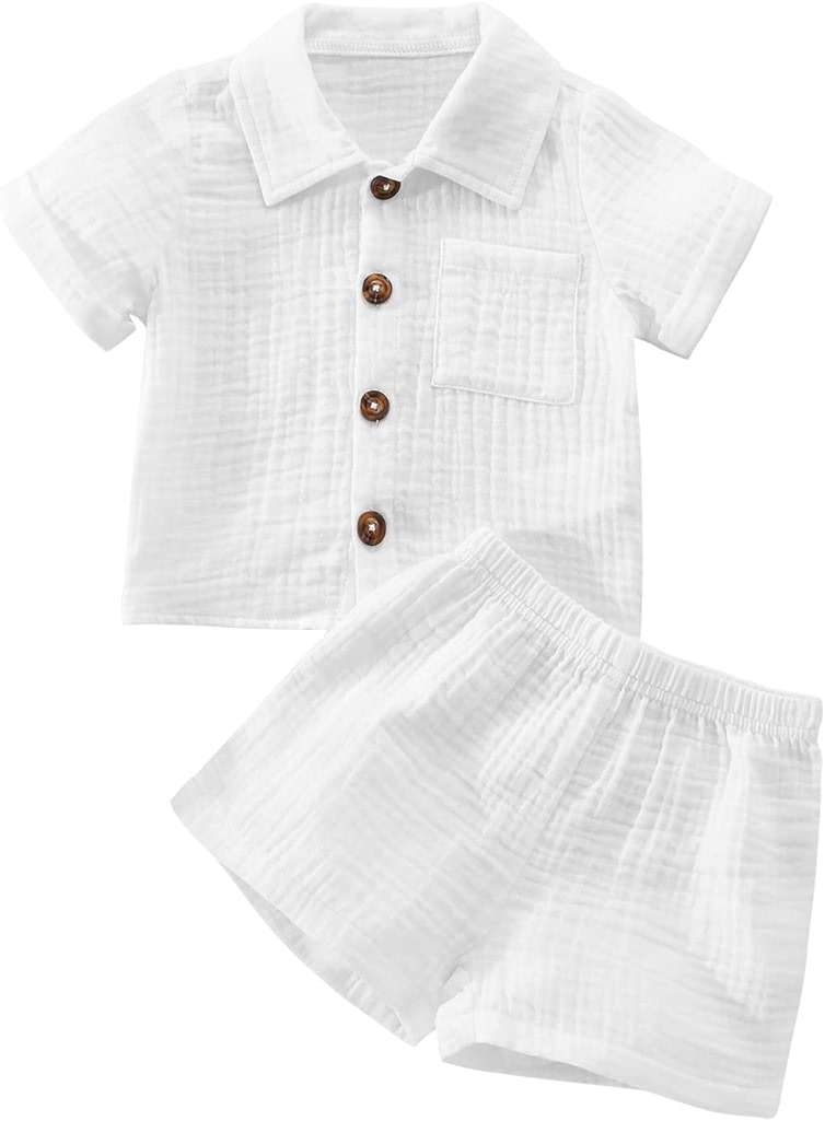 Baby Boys Clothes Set Toddler Infant Boys Button-down Shirt Tops + Cotton Gauze Shorts Summer Outfit 2PCS with Pockets - Image 1