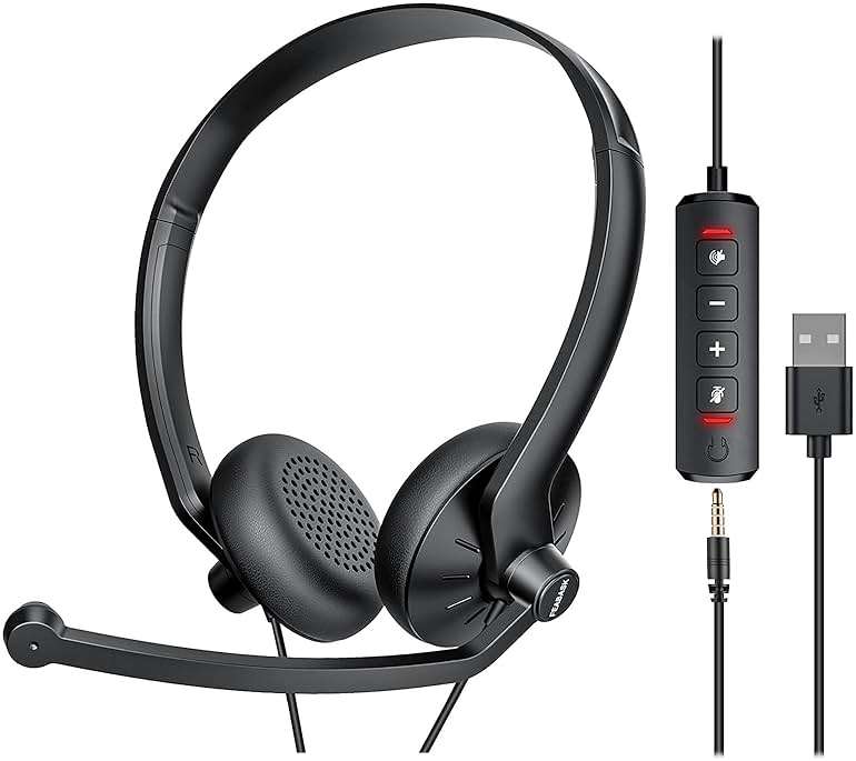 FEABASK USB Headset with Microphone for PC Laptop - Wired Computer Headphones with Noise Cancelling Microphone for Home Office Online Class Skype Zoom Meetings,in Line Mute Controls - Image 1