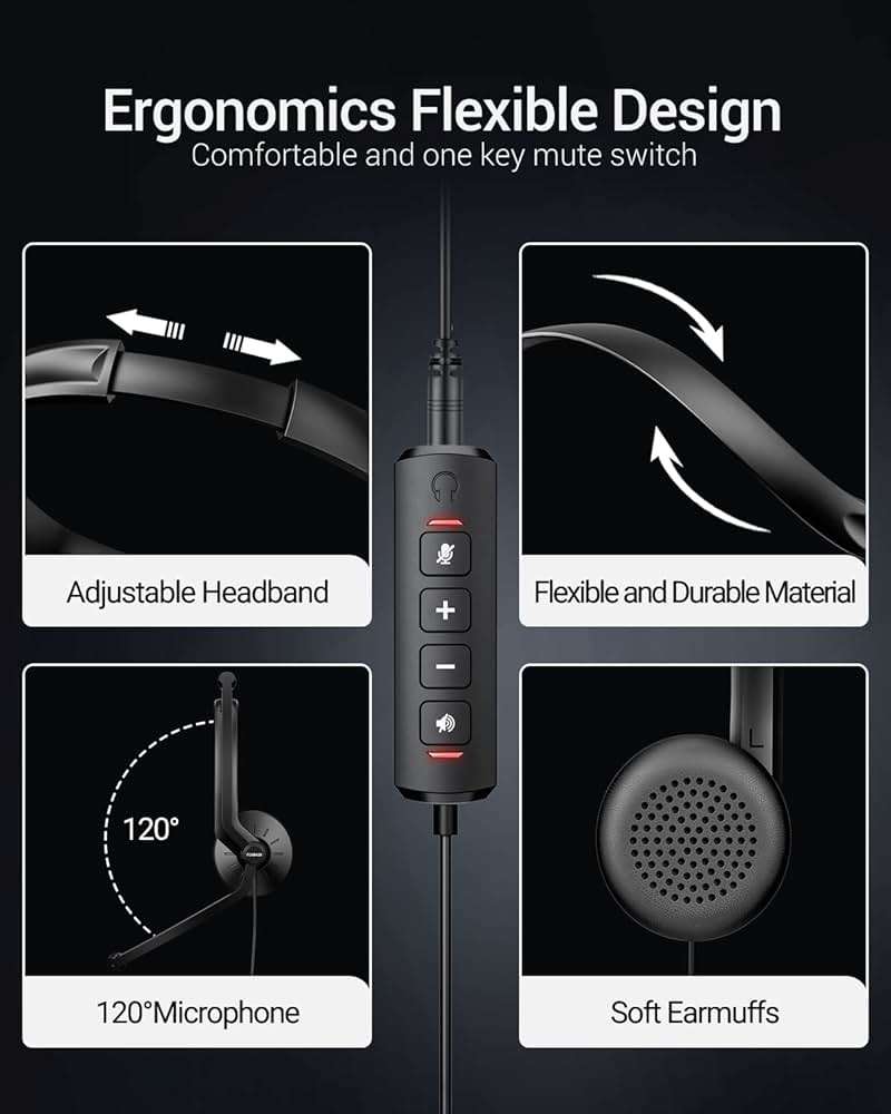 FEABASK USB Headset with Microphone for PC Laptop - Wired Computer Headphones with Noise Cancelling Microphone for Home Office Online Class Skype Zoom Meetings,in Line Mute Controls - Image 5