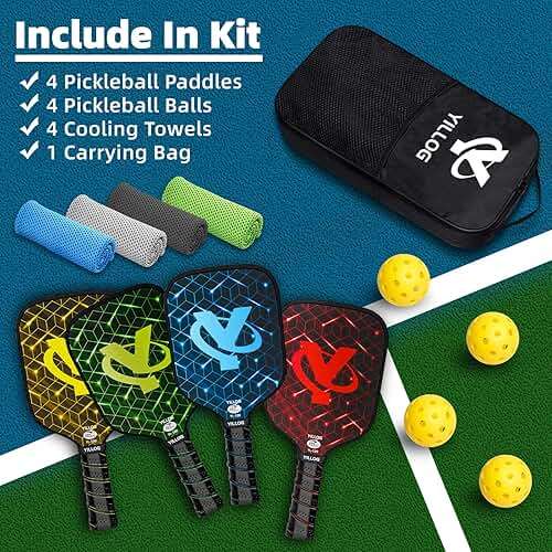 YILLOG Pickleball Paddles, USAPA Approved Pickleball Paddle Set of 4, Fiberglass Surface Pickleball Set, 4 Pickleball Balls, 4 Cooling Towels, Pickleball Bag, Pickle Ball Paddle for Men Women - Image 7