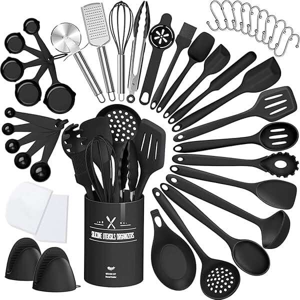 43 Pcs AIKKIL Kitchen Utensils Set, Heat Resistant Silicone Cooking Kitchen Utensils Set with Holder, Spoon, Spatula, Kitchen Gadgets Tools Set For Nonstick Cookware, Dishwasher(BPA Free, Black) - Image 1