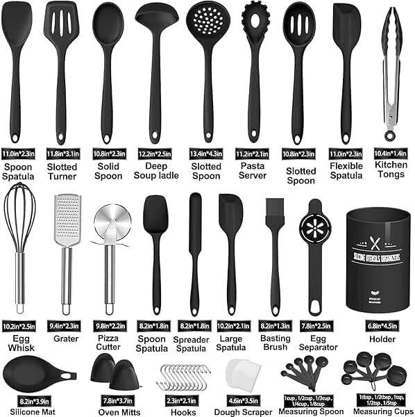 43 Pcs AIKKIL Kitchen Utensils Set, Heat Resistant Silicone Cooking Kitchen Utensils Set with Holder, Spoon, Spatula, Kitchen Gadgets Tools Set For Nonstick Cookware, Dishwasher(BPA Free, Black) - Image 2