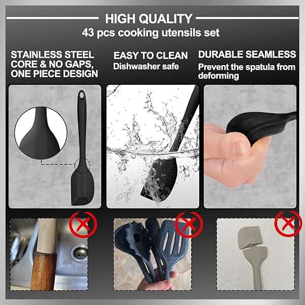 43 Pcs AIKKIL Kitchen Utensils Set, Heat Resistant Silicone Cooking Kitchen Utensils Set with Holder, Spoon, Spatula, Kitchen Gadgets Tools Set For Nonstick Cookware, Dishwasher(BPA Free, Black) - Image 5