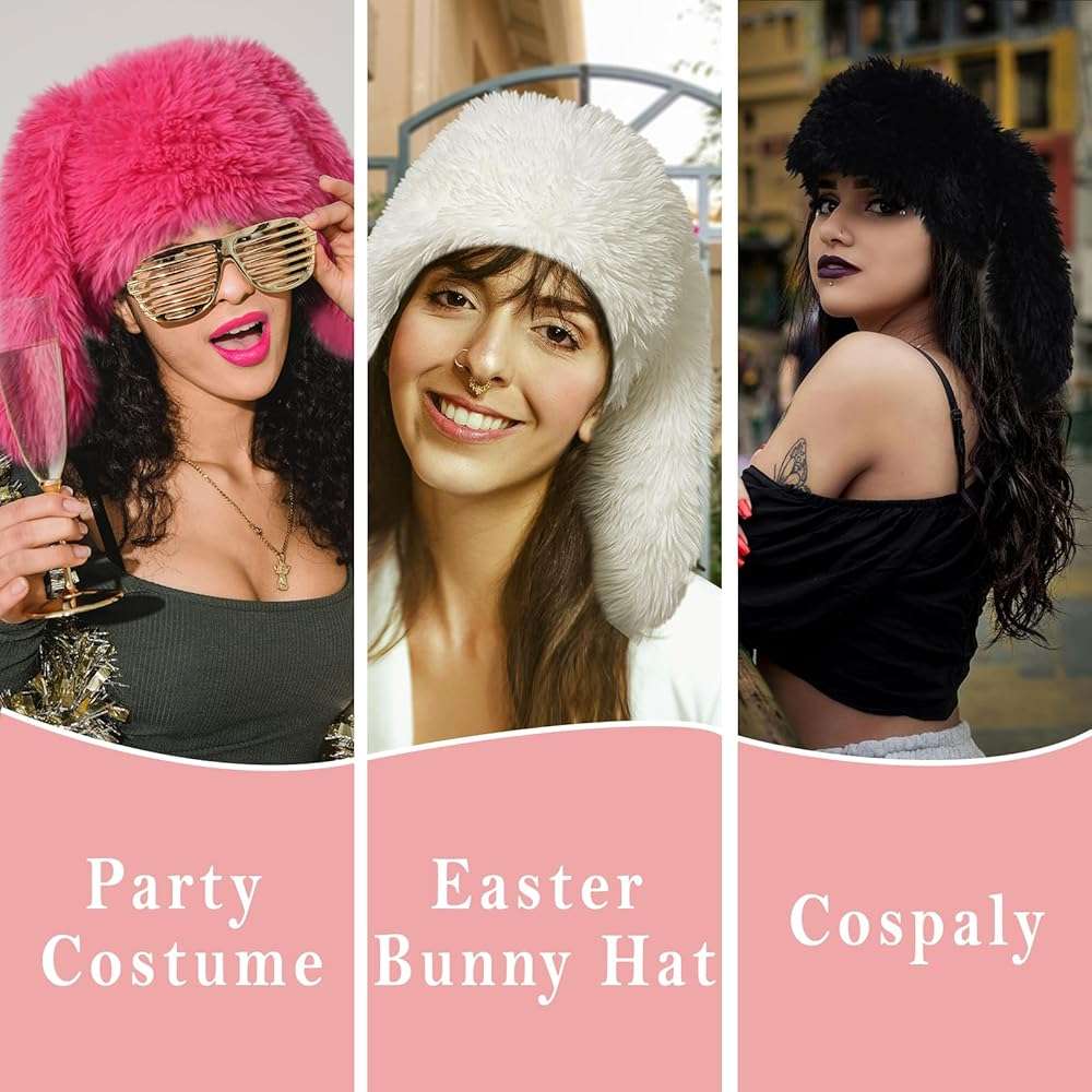 HENWASAI Y2K Fuzzy Bunny Hat for Women Girls Cute Furry Beanie with Ears Long Rabbit Ears Hat for Festival, Easter, Party - Image 5