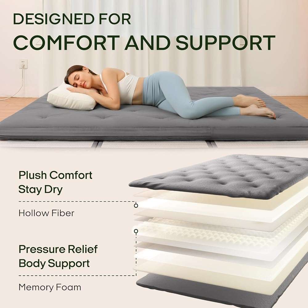 ZonLi Japanese Floor Futon Mattress Queen Size 80"x 60", 100% Cotton Cover 2.5'' Thicken Tatami Mattress, Foldable Sleeping Pad, Portable Dormitory Tatami Mat(Grey) - Image 3