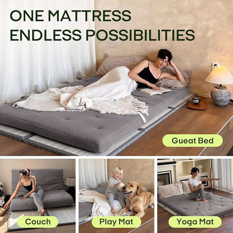 ZonLi Japanese Floor Futon Mattress Queen Size 80"x 60", 100% Cotton Cover 2.5'' Thicken Tatami Mattress, Foldable Sleeping Pad, Portable Dormitory Tatami Mat(Grey) - Image 4