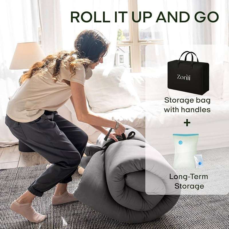 ZonLi Japanese Floor Futon Mattress Queen Size 80"x 60", 100% Cotton Cover 2.5'' Thicken Tatami Mattress, Foldable Sleeping Pad, Portable Dormitory Tatami Mat(Grey) - Image 6