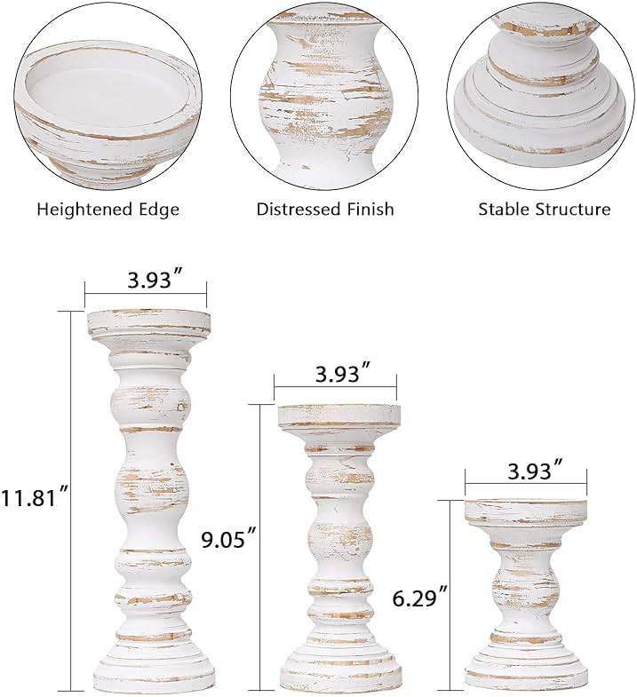 SWALLOWLIVING Rustic Farmhouse Wood Pillar Candle Holder Set of 3 for Candlestick, White - Image 3