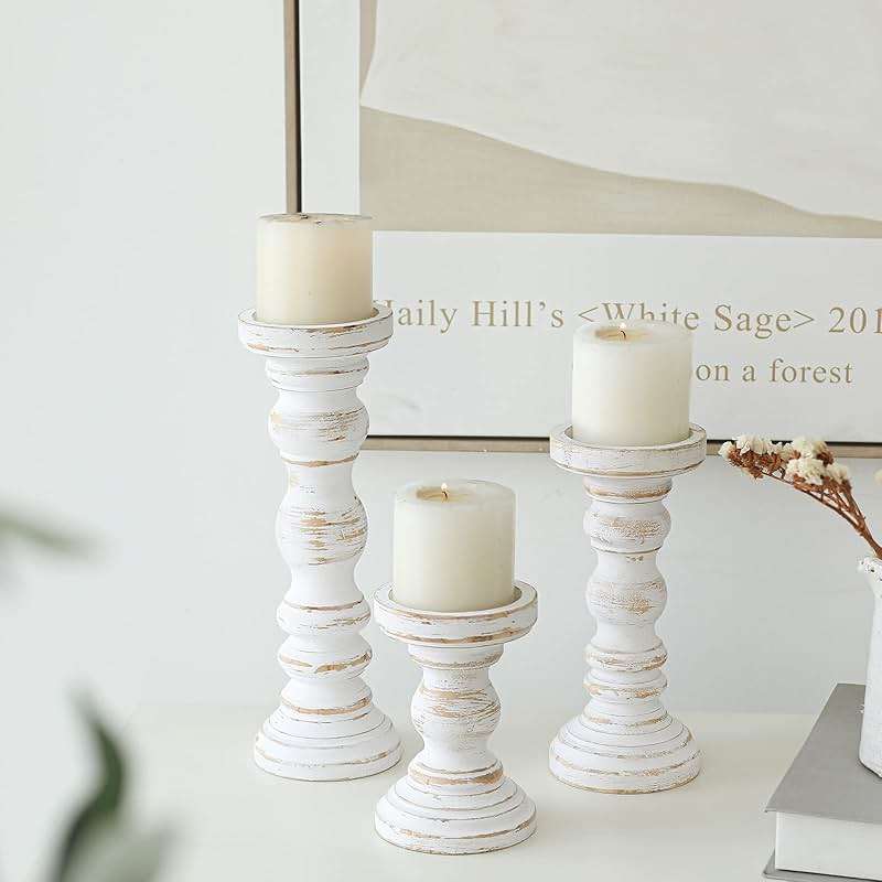 SWALLOWLIVING Rustic Farmhouse Wood Pillar Candle Holder Set of 3 for Candlestick, White - Image 4