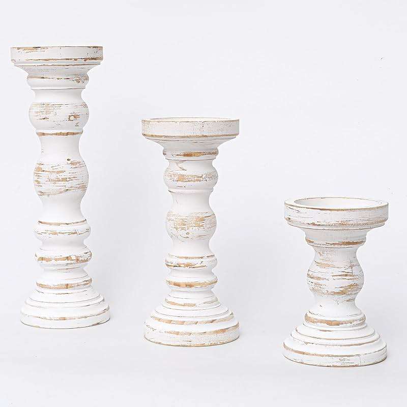 SWALLOWLIVING Rustic Farmhouse Wood Pillar Candle Holder Set of 3 for Candlestick, White - Image 9