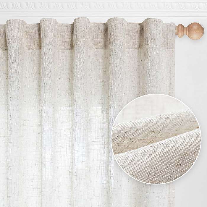MYSKY HOME Linen Curtains for Living Room, Natural Semi Sheer Curtains & Drapes 84 inches Length 2 Panels Set Farmhouse Country Boho Style Back Tab Draperies for Sliding Glass Door, 50" Wide, Linen - Image 1