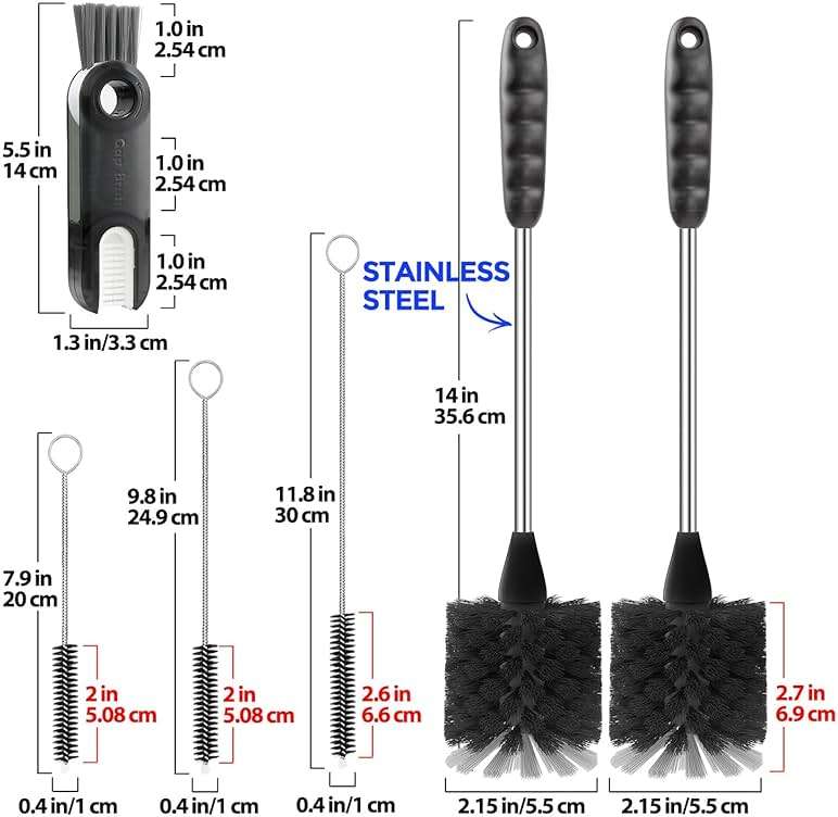 Holikme 6 Pack Bottle Brush Set, 14" Long Handle Stainless Steel Bottle Cleaner Brush, 3 Straw Brushes, 4-in-1 Bottle Cleaning Brush for Water Bottle, Antistatic Lab Brushes Straws, Black - Image 2