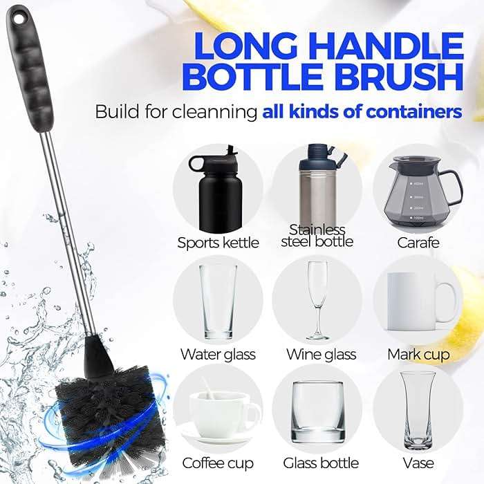 Holikme 6 Pack Bottle Brush Set, 14" Long Handle Stainless Steel Bottle Cleaner Brush, 3 Straw Brushes, 4-in-1 Bottle Cleaning Brush for Water Bottle, Antistatic Lab Brushes Straws, Black - Image 3