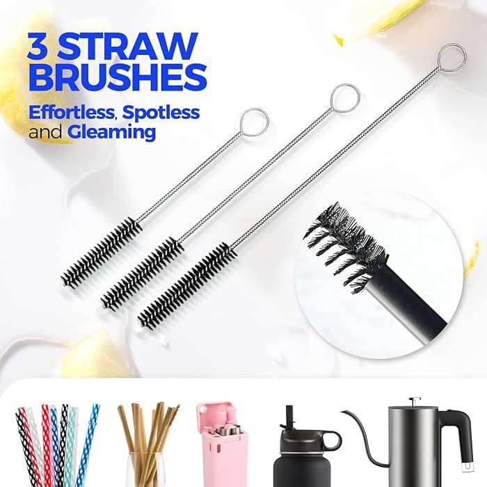 Holikme 6 Pack Bottle Brush Set, 14" Long Handle Stainless Steel Bottle Cleaner Brush, 3 Straw Brushes, 4-in-1 Bottle Cleaning Brush for Water Bottle, Antistatic Lab Brushes Straws, Black - Image 5