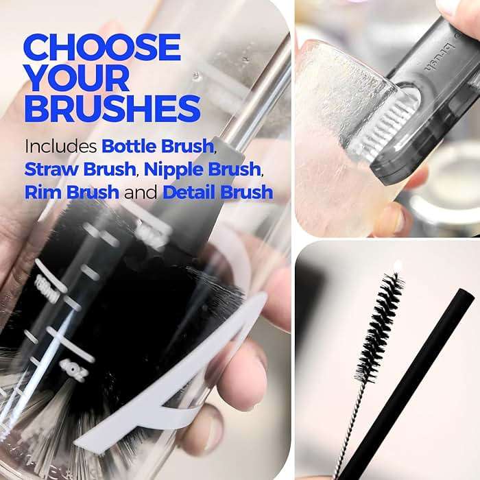 Holikme 6 Pack Bottle Brush Set, 14" Long Handle Stainless Steel Bottle Cleaner Brush, 3 Straw Brushes, 4-in-1 Bottle Cleaning Brush for Water Bottle, Antistatic Lab Brushes Straws, Black - Image 6