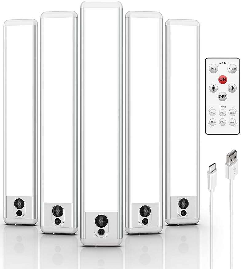 EZVALO 5-Pack Under Cabinet Lighting, 2400mAh Motion Sensor Light, LED Closet Lights Wireless, 6500K Dimmable, Timer, Magnetic, with Remote Control for Kitchen, Closet, Stair - Image 1