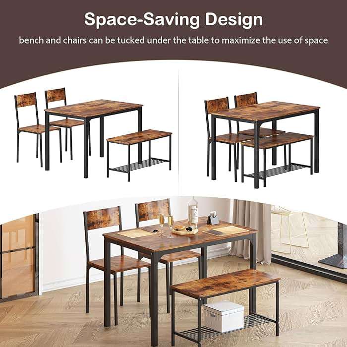 soges 4 Person Dining Table Set, 43.3inch Kitchen Table Set for 4, Dining Room 2 Chairs with Backrest, 2-Person Bench with Storage Rack, Vintage Brown - Image 5
