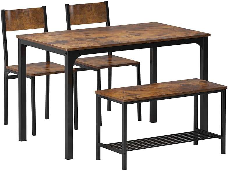 soges 4 Person Dining Table Set, 43.3inch Kitchen Table Set for 4, Dining Room 2 Chairs with Backrest, 2-Person Bench with Storage Rack, Vintage Brown - Image 8