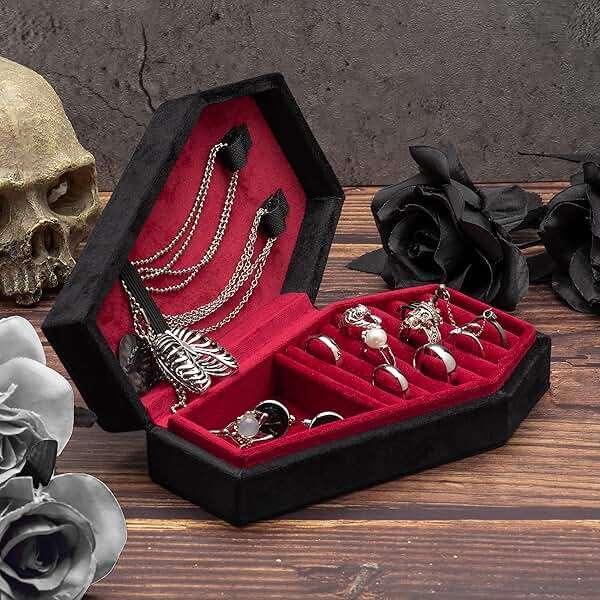 Giftop Velvet Coffin Jewelry Travel Case Holder for Gothic Wedding Ceremony Jewelry Organizer Decoration (Black and Red) - Image 2