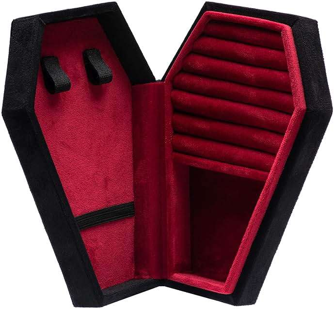 Giftop Velvet Coffin Jewelry Travel Case Holder for Gothic Wedding Ceremony Jewelry Organizer Decoration (Black and Red) - Image 4