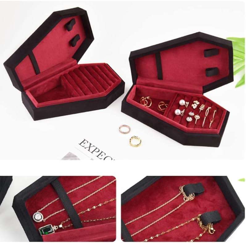 Giftop Velvet Coffin Jewelry Travel Case Holder for Gothic Wedding Ceremony Jewelry Organizer Decoration (Black and Red) - Image 5