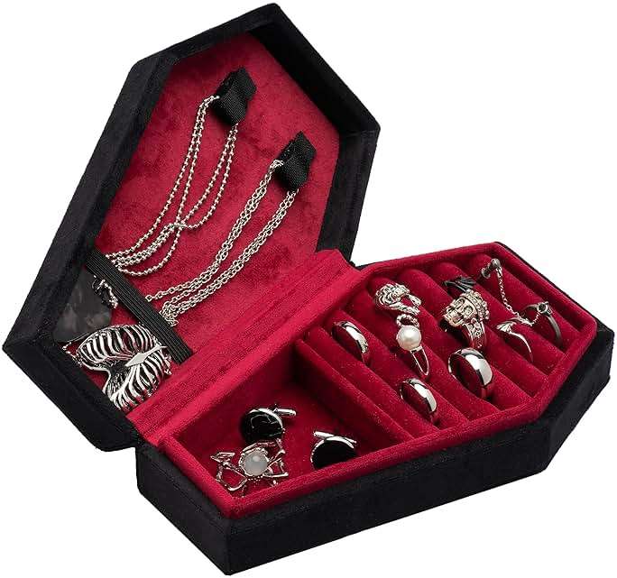 Giftop Velvet Coffin Jewelry Travel Case Holder for Gothic Wedding Ceremony Jewelry Organizer Decoration (Black and Red) - Image 6