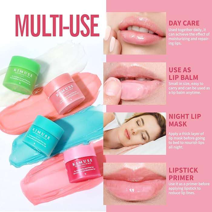 KIMUSE Lip Mask Set, 4PCS Lip Sleeping Mask Overnight Treatment Lip Care Products, Moisturize & Nourish, Flaky, Cracked Dry Lips, Intense Hydration with Shea Butter (SET) - Image 3