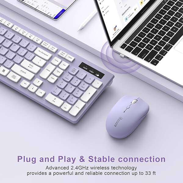 Wireless Keyboard and Mouse Combo, Full-Sized Wireless Keyboard and Adjustable DPI Mouse, 2.4GHz USB Receiver, Silent Keyboard and Mouse for PC, Windows, MAC, Desktop, Laptop(Purple) - Image 2