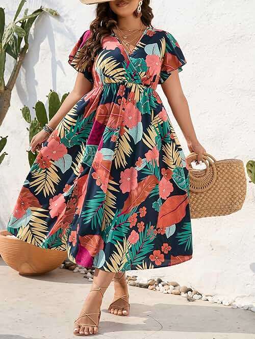 Floerns Women's Plus Size Boho Hawaiian Tropical Dresses V Neck Short Sleeve Floral A Line Long Dress Vacation Beach Outfits - Image 3