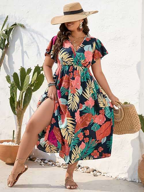 Floerns Women's Plus Size Boho Hawaiian Tropical Dresses V Neck Short Sleeve Floral A Line Long Dress Vacation Beach Outfits - Image 5